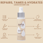 Aria haircare argan oil serum bottle with text highlighting benefits and benefits on a beige background