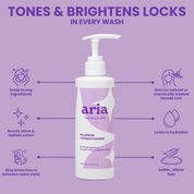 Aria haircare conditioner bottle with text highlighting benefits and features on a purple background