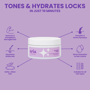 Aria hair blone mask jar with purple background and text highlighting product benefits and features