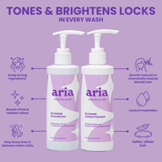 Aria Haircare Blonde Shampoo and Conditioner bottles on a purple background with text highlighting product benefits and features.