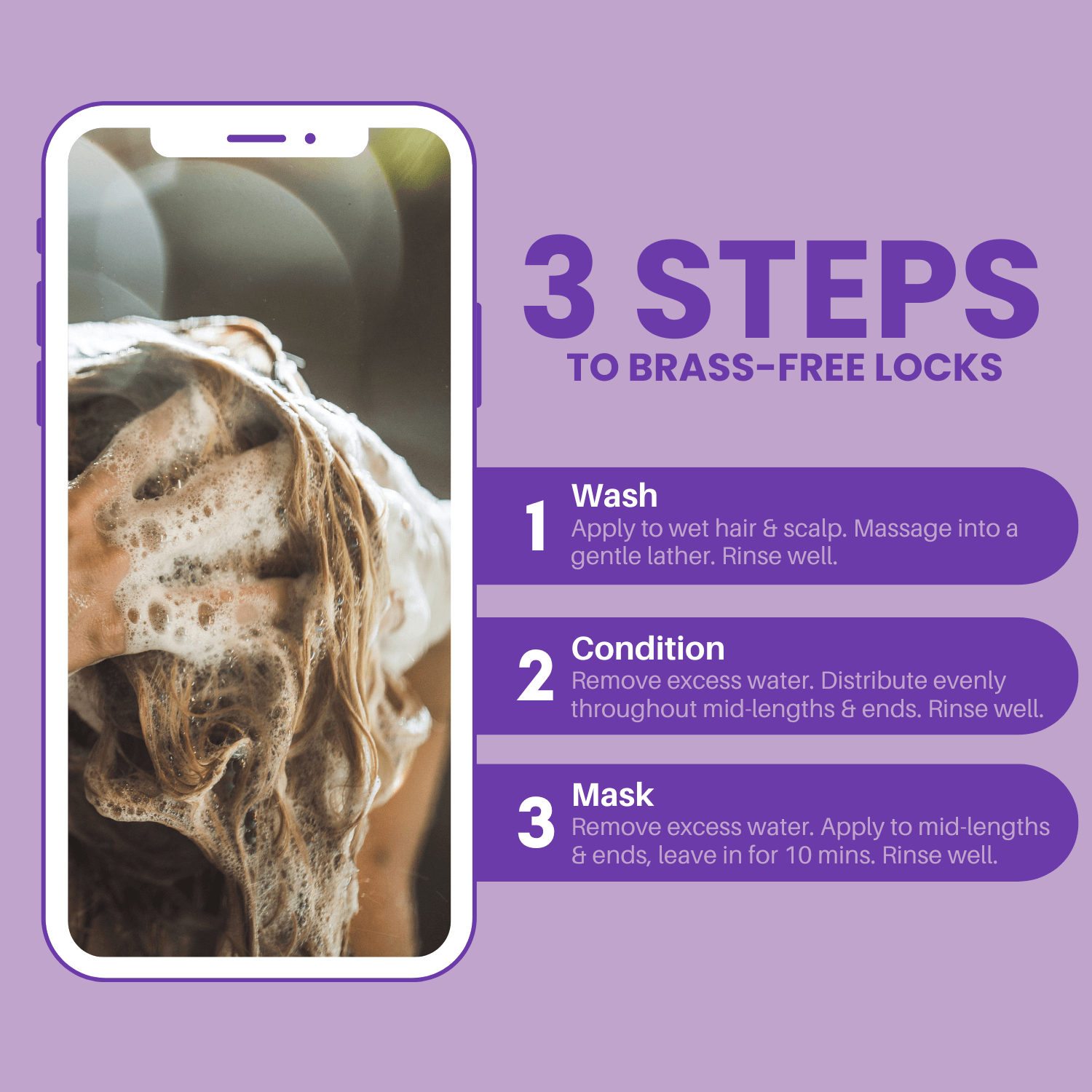 Aria Haircare bright and blonde trio Instructions and how to use for 3 steps to brass-free locks on a purple background with a close-up of hair.