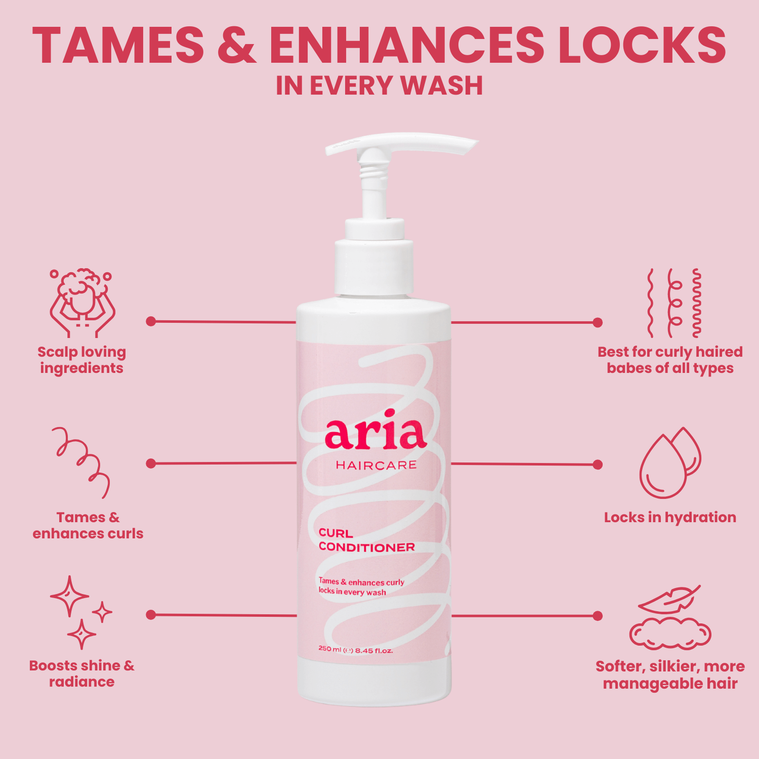 Aria haircare curl conditioner bottle with features and benefits on a pink background
