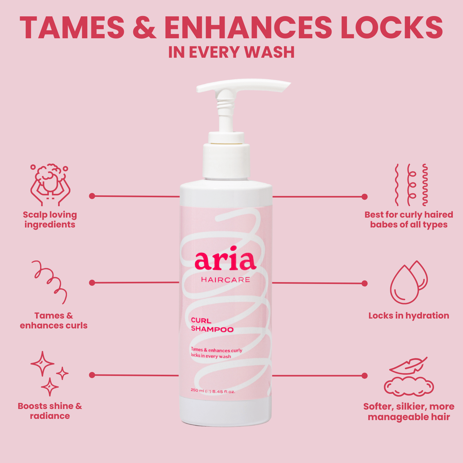 Aria haircare curl shampoo bottle with features and benefits on a pink background
