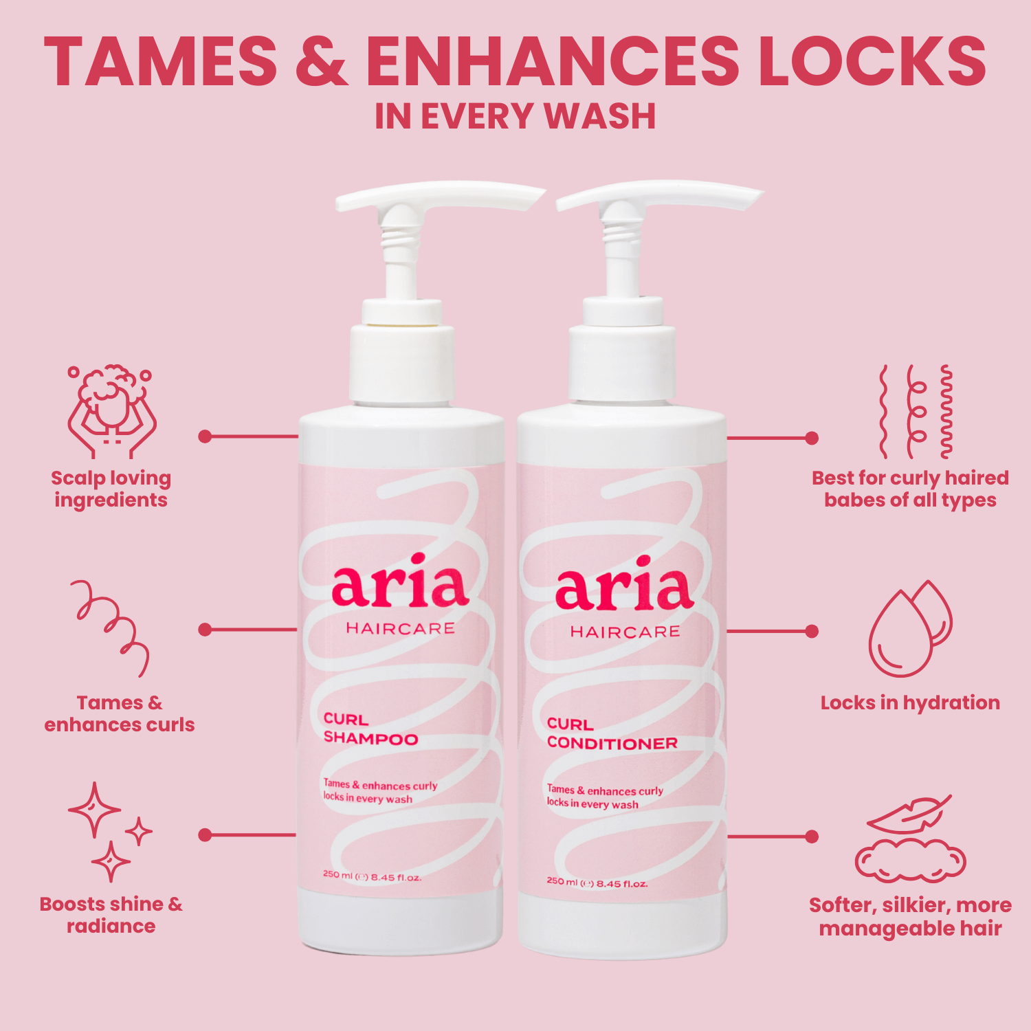 Aria Haircare curl shampoo and conditioner bottles on a pink background with product features listed.
