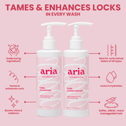 Aria Haircare curl shampoo and conditioner bottles on a pink background with product features listed.