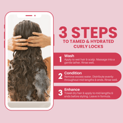 Aria Haircare curly queen trio Instructions for tamed and hydrated curly locks with a phone screen showing hair care steps.