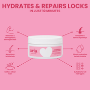 Aria hydrate and repair hair mask with hydration and repair benefits on a pink background