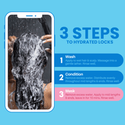 Phone screen showing hydrate and repair trio instructions and how to use with steps for hydrated locks on a blue background.