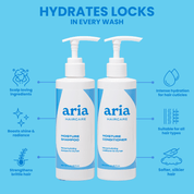 Aria Haircare hydrate shampoo and conditioner bottles with features and benefits listed on a blue background