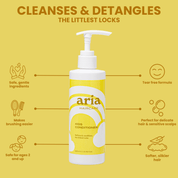 Aria Kids Conditioner bottle with features and benefits on a yellow background