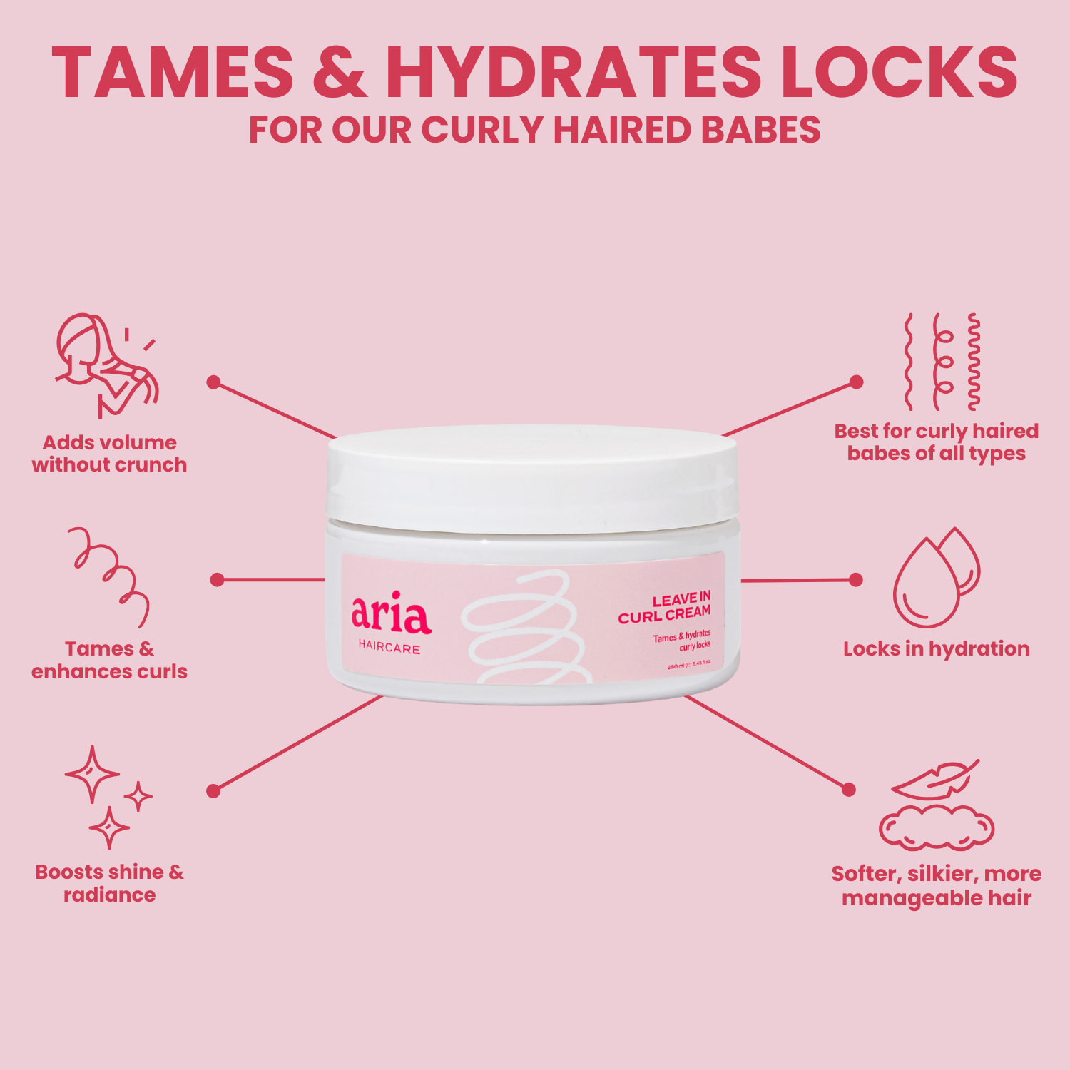 Aria haircare leave in curl cream with features and benefits on a pink background
