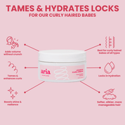 Aria haircare leave in curl cream with features and benefits on a pink background