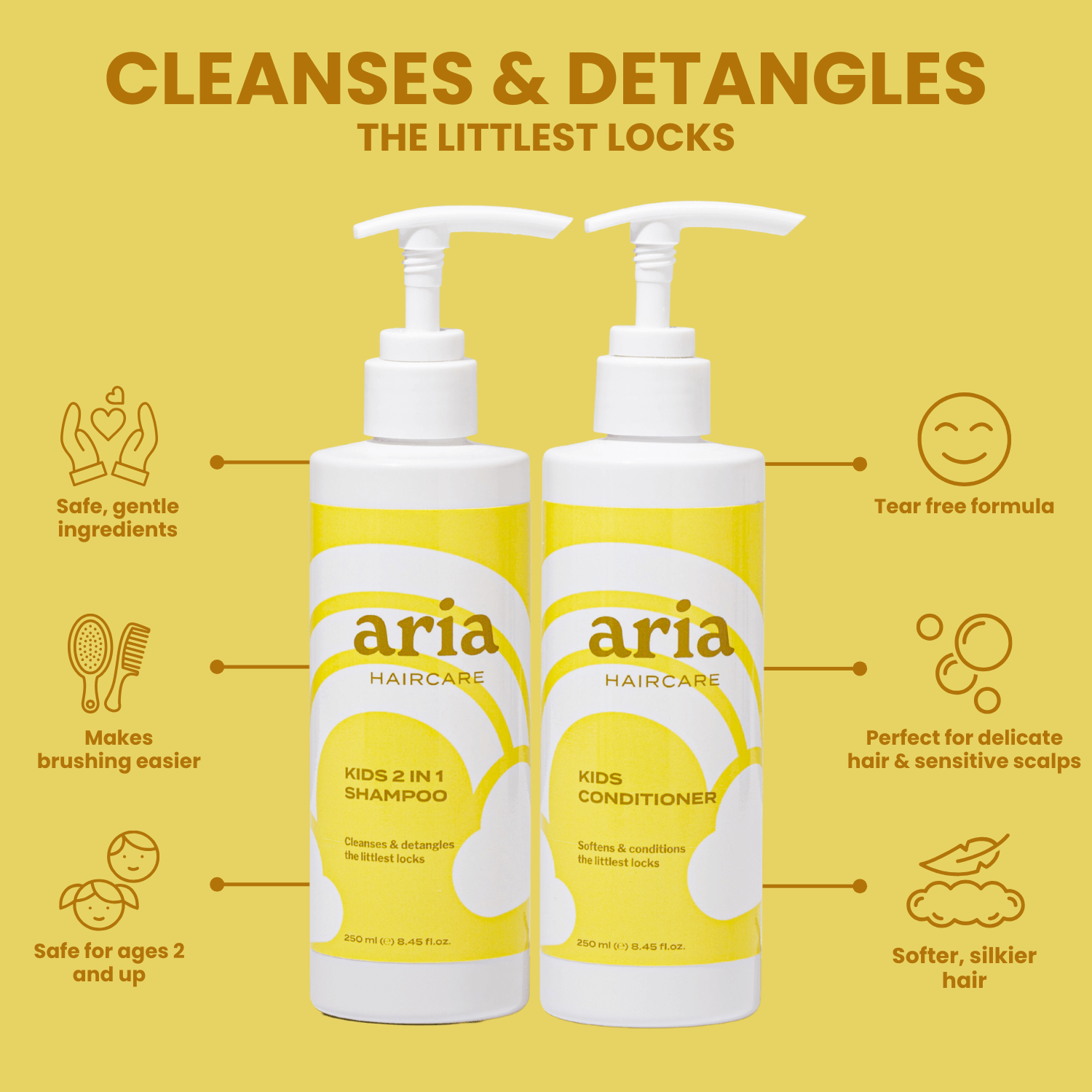 Two bottles of Aria Haircare Kids 2 in 1 Shampoo and Conditioner on a yellow background with text highlighting product features and benefits.