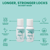 Aria haircare mini scalp therapy duo peppermint shampoo and conditioner bottles with benefits and features listed on a teal background