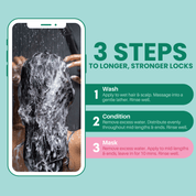 Aria haircare scalp therapy trio Instructions for 3 steps to longer, stronger locks with a phone screen showing a person washing hair.